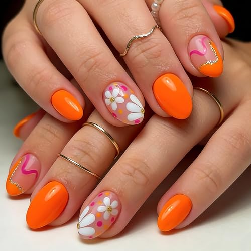 Short Oval Press on Nails Orange Floral Gold Glitter False Nails