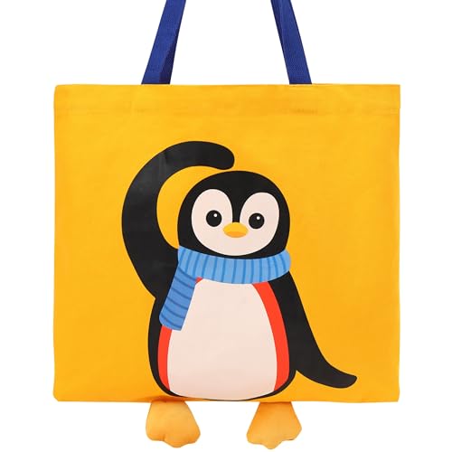Qirrmiy 3D Penguin Canvas Tote Bag for Women - Reusable Shopping Bag