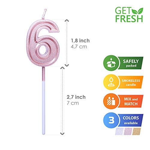 GET FRESH Rose Gold Number 6 Birthday Candle – Smokeless Cake Topper