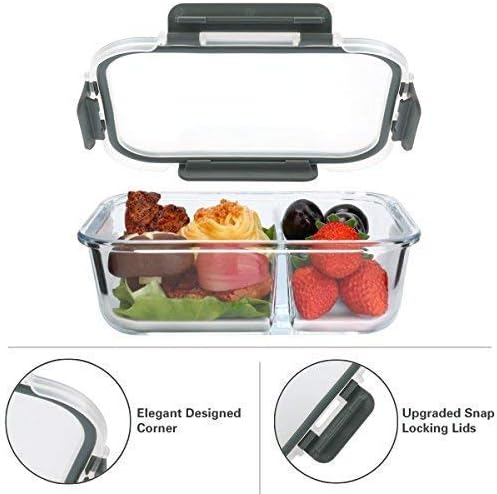 MCIRCO Glass Meal Prep Containers - 5-Pack 36 Oz with 2 Compartments & Snap Locking Lids | Microwave, Oven, Freezer Safe
