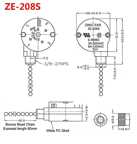 2 Pack Ceiling Fan Switch ZE-208s 3-Speed 4-Wire Pull Chain Replacement Part Nickel Chain