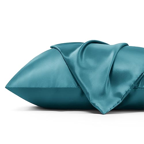 Bedsure Satin King Pillowcases with Zipper - Teal Blue, Set of 2