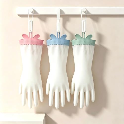 KINGFINGER Reusable PVC Dishwashing Gloves - 3 Pairs with Bunny Ear Cuffs