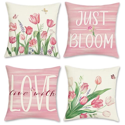 Bonhause Pink Tulip Throw Pillow Covers, 18x18 Inch Floral Cushion Cases (Set of 4)