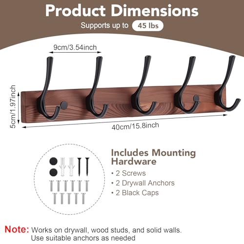 Dntorx 1 Pack Wall Mounted Coat Rack with 5 Hooks - 15.8 Inch Wooden Design