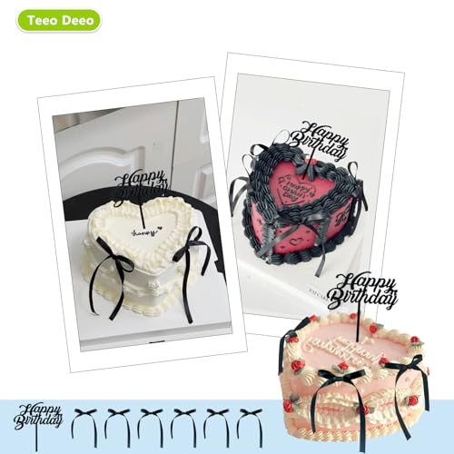 Elegant Black Ribbon Cake Toppers - 6 Pcs Happy Birthday Set