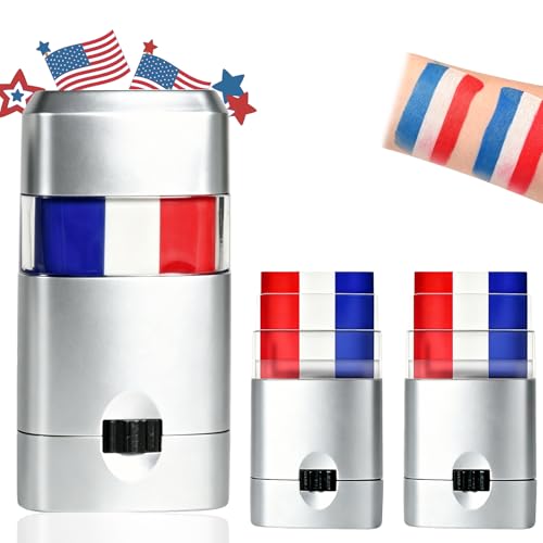 Qawnfy 3Pcs Red White and Blue Face Body Paint Stick, Sweatproof Eye Black