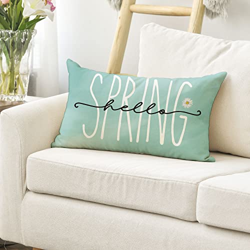 Hello Spring Bluish Green Throw Pillow Cover, 12x20 Inch