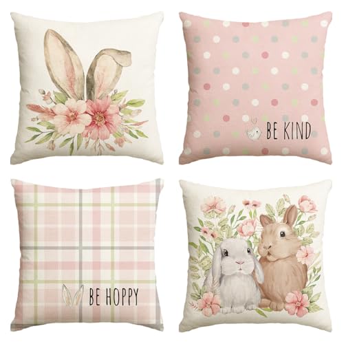 Easter Rabbit Buffalo Plaid Throw Pillow Covers - Set of 4