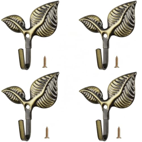 Set of 4 Vintage Leaf Wall Hooks - Antique Bronze Iron Coat & Curtain Hangers