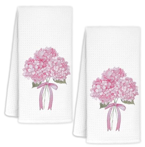 Pink Bow Hydrangea Decorative Hand Towels, 16x24 Inch Set of 2