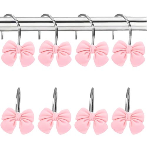 Pink Bow Shower Curtain Hooks - Set of 12 Cute Resin Bathroom Decor