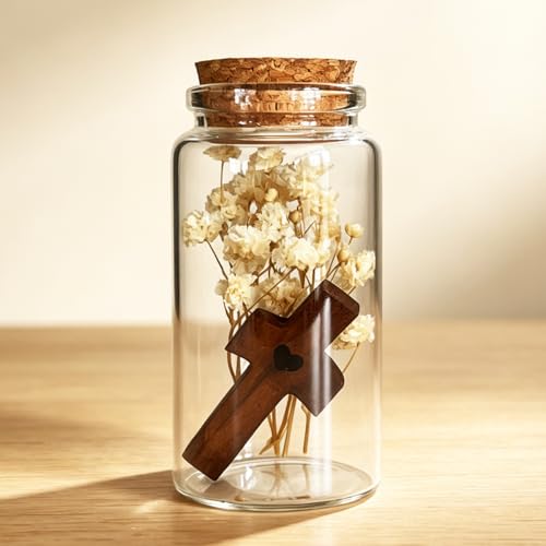 Wooden Cross Fidget Decor with White Baby's Breath in Glass Vial - Christian Gift, Anxiety Relief, Mini Desk & Shelf Decor