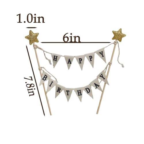 Happy Birthday Cake Topper with Golden Star - Handmade Ivory Pennant Flags