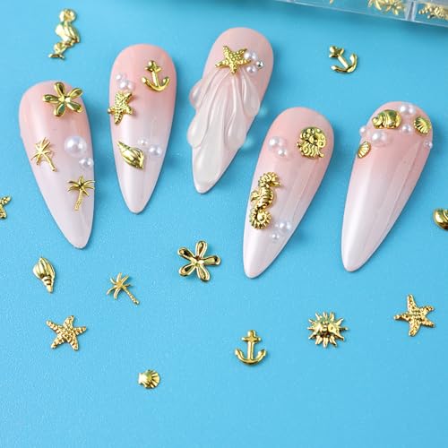 KSTBJN 12 Grids Gold Metal Nail Art Charms 3D Ocean Theme Decors