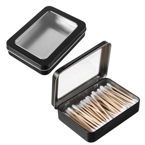 2PCS Travel Cotton Swab Holder & Floss Pick Case - Black Metal Storage