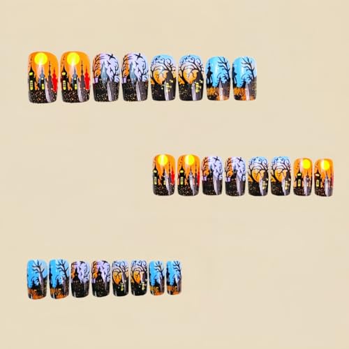 KTAABTR Halloween Short Press on Nails Horror Castle Square False Nails