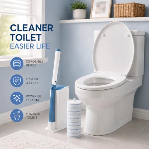 Disposable Toilet Brush Starter Set with 10 Refill Pads - Wall-Mounted