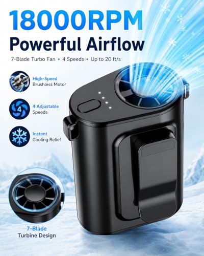 Luienao Portable Waist Fan - Rechargeable Wearable Clip-On Fan (Black)