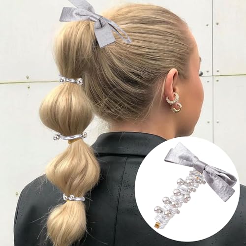 SmallCat 2PCS Bow Spiral Hair Ties with Beads Artificial Pearl Phone Cord Hair Bands