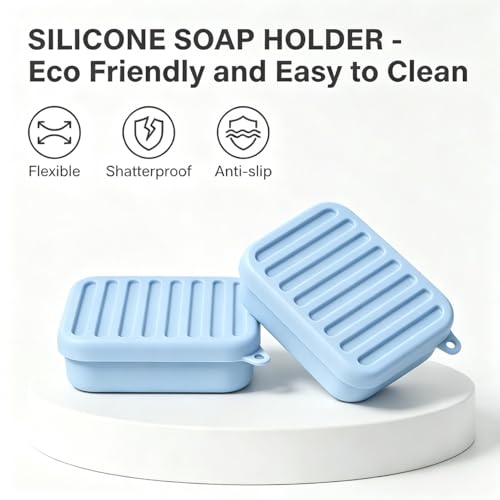 Leak-Proof Silicone Travel Soap Case with Lid & Drainage Pad - Fits Most Soap Bars