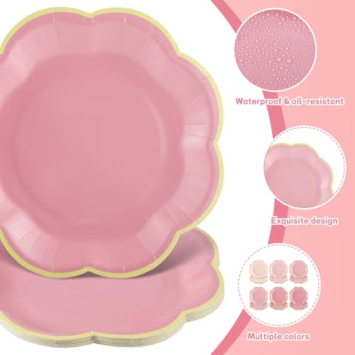 60 Pcs Pink Paper Plates - 7 Inch Gradient with Gold Edge