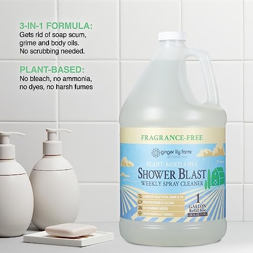 Ginger Lily Farms Botanicals Plant-Based 3-in-1 Shower Blast Weekly Spray Cleaner, 100% Vegan & Cruelty-Free, Fragrance-Free, 1 Gallon (128 fl. oz.) Refill