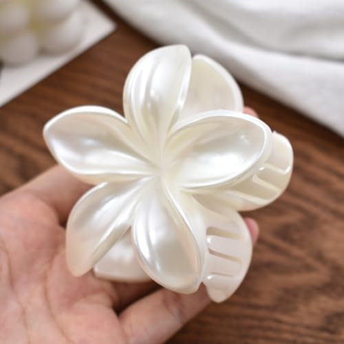 Pearl White Plumeria Flower Hair Claw Clip 3.1 Inch Non-Slip Hair Accessory