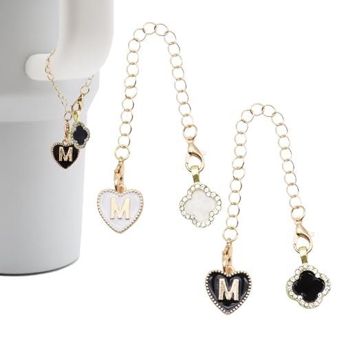 2Pcs Letter Charm Accessories for Stanley Cup,Name ID Initial Letter for Stanley 30&40 oz Tumbler with Handle,Heart Shape & Four Leaf Clover Initial Personalized Letter Charms Chain