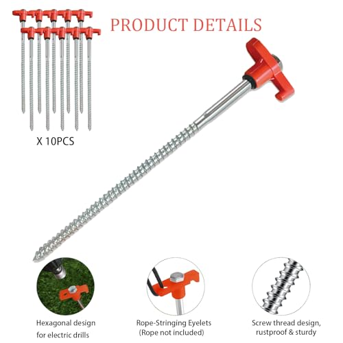 10-Pack 8" Heavy Duty Screw in Tent Stakes, Drill-in Non-Rust Ground Anchor Pegs, Metal Tent Accessories for Camping, Garden, Hiking, Orange