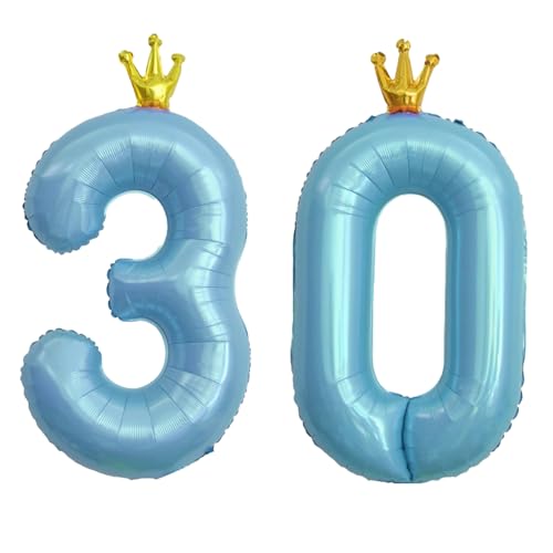 40 Inch Baby Blue Number 30 Crown Balloon Set for Birthday Party