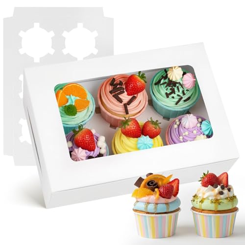 VGOODALL 6-Count Cupcake Boxes with Window - White (6-Pack Set)