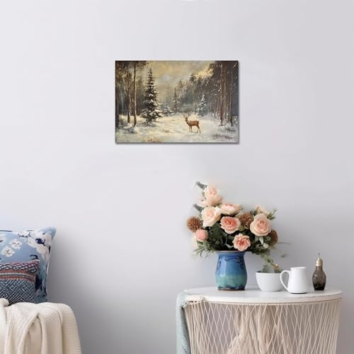 Vintage Winter Forest Canvas Wall Art - Deer Snow Scene 12x18 Inches - Variation of Winter Scene Art11
