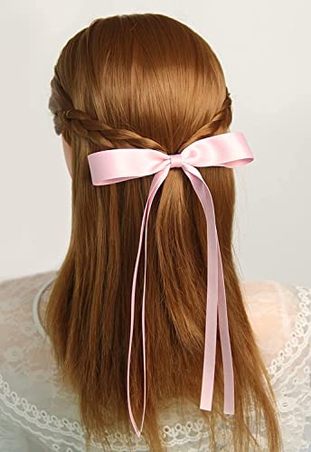 SALOCY 4 PCS Big Satin Hair Bow Clips with Long Tail Pink and Beige