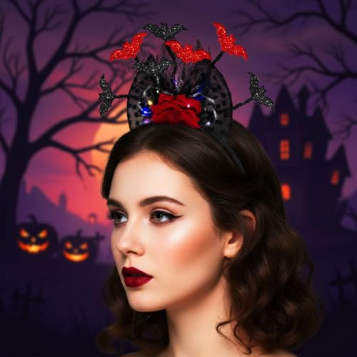 Woeoe Gothic Halloween Flower Headband with Red Roses and Bats