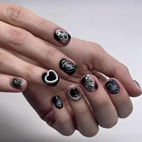 Black Gothic Press On Nails Short Square 3D Heart Chain Y2K