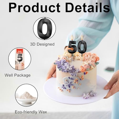 Goqaoix Black 50th Birthday Candles for Cake - 50th Anniversary & Celebration Decor - 2 Pack