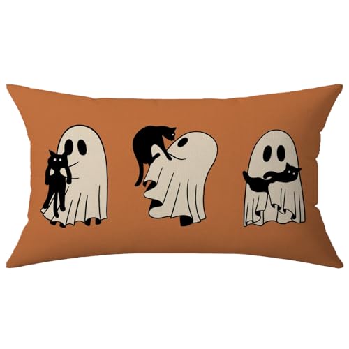 Halloween Pillow Cover 12x20 - Cute Ghosts & Black Cat, Orange