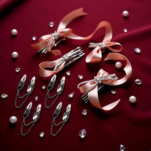 Silver Metal Snap Hair Clips with Chain Cross and Heart Pendants 4Pcs
