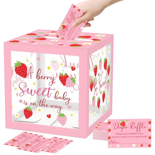 Strawberry Diaper Raffle Tickets & Box for Baby Showers - 51 Pcs Clear Design