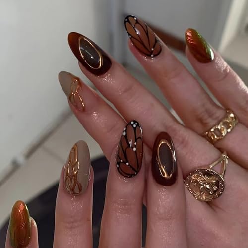 Fall Medium Almond Press on Nails with Butterfly Designs - 24 Pcs