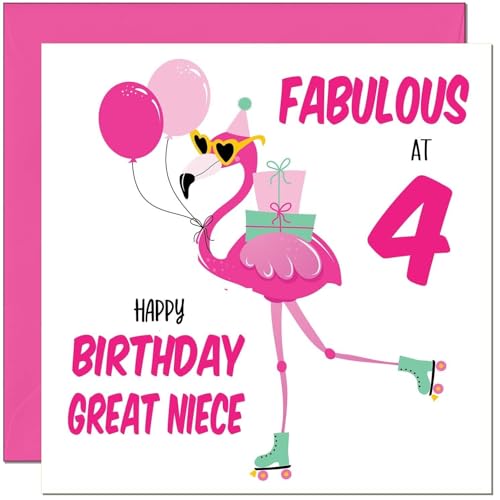 Cute Pink Flamingo Birthday Card for Great Niece, 4th Birthday