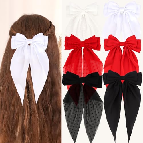 AMCAMI 6-Piece Large Long Tail Hair Bow Clips Set, Red Black White