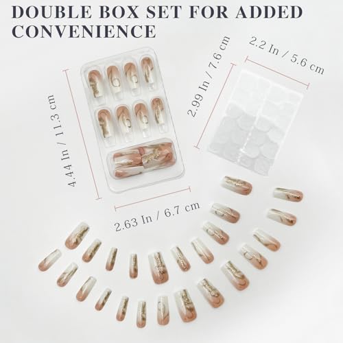 Yellow Ombre Medium Square Press On Nails with White Curve Lines & Gold Glitter (48PCS)