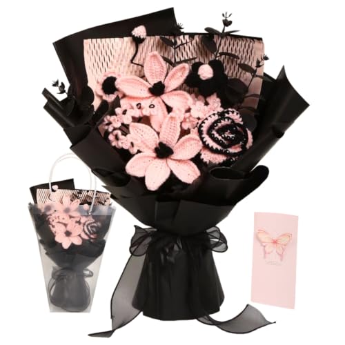 Crochet Flowers Bouquet - Pink & Black Handmade Knitted Gift for Her