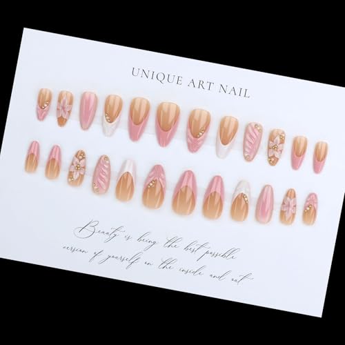 Lukmexor French Tip Press On Nails Medium Almond Fake Nails with Gold Pearl and Flower Designs