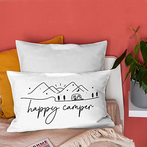 Happy Camper Soft Throw Pillow Cover - Rustic Camping Decor 12x20