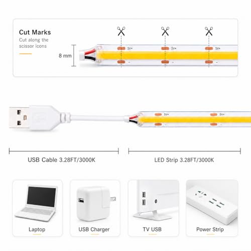 3000K Warm White COB LED Strip Light - 3.28FT USB Indoor Lighting