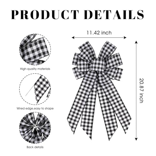 YKW Black White Buffalo Plaid Bow with Wired Edge - 11x20 Inch Farmhouse Wreath Decor