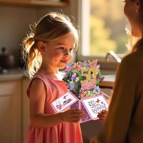 50th Birthday Pop-Up Card with Envelope - 3D Floral Butterfly Design